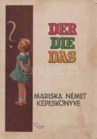 Hittrich Ödön: Mariska német képeskönyve. Ebből mindenki játszva tanulhatja meg a Der-Die-Das használatát. Német főnevek tréfás rajzokkal. Írta és tervezte Hittrich Ödön. Rajzolta Somfay István. Budapest, [1934]. [Szerző] Légrády Testvérek nyomdai műintézete. 71 + [1] p. Első kiadás. Képes szótár, a munka egyben egy érdekes emlékezettechnikai kísérlet. A szerző előszavából: ,,Figyelmeztetés. A rajzokat a tanulónak színeznie kell. A hímnevű főnevek rajzait piros ceruzával, a nőneműeket zölddel, a semlegeseket pedig narancssárgával. Ha naponta csak tíz percig foglalkozik e könyv rajzaival, akkor két hónap alatt az összes itt felsorolt főneveket megtanulhatja a német névelővel együtt. A szótár előtt rövid pedagógiai tanulmány. A szótárban a szerző minden fogalomban elhelyezett egy r, e vagy s motívumot. A szőnyeg - das Tapet - rajzán így egy s feliratot helyezett el, az erkélyt - der Erker - r alakú támasz tartja. Némely rajz igen absztrakt, ezért a szótárrész után külön kifejtést igényel. Az alkohol - der Alhohol - fogalmához így a szerző az USA térképét mellékeli, melyet r alakú hullámok ostromolnak keletről és nyugatról, az alkoholtilalom eszméjét felidézve az olvasókban. A könyv minden alkalmat megragad a korabeli ideológia kifejtésére, így számos alkalommal láthatjuk a történelmi Magyarország képét különféle fogalmak magyarázatának grafikus háttereként. A kötet második, egyben utolsó kiadása 1940-ben jelent meg. A címoldalon régi tulajdonosi bejegyzés. Az egykori tulajdonos a képek többségét illő módon ki is színezte. Fűzve, színes kőnyomatú grafikával illusztrált, enyhén foltos kiadói borítóban. Jó példány. Ritka.