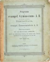 Programm des evangel. Gymnasiums A. B. und der damit verbundenen Realschule, sowie der evangel. Elementarschule A. B. zu Hermannstadt für das Schuljahr 1895/96 (...) Inhalt: 1. Geschichte des. evangel. Gymnasiums A. B. in Hermannstadt. 2. Schulnachrichten. Beides vom Direktor. Hermannstadt (Nagyszeben),1896, W. Krafft. 256+2 p. Német nyelven. Kiadói papírkötés, sérült és részben javított, papírral pótolt gerinccel, kissé foltos és sérült borítóval. Nagyszebeni evangélikus gimnázium és reáliskola története, tanterve, vizsgarendje stb. Ritka!