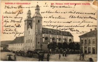 1907 Székelyudvarhely, Odorheiu Secuiesc; Szent Ferenc rendi szerzetesek temploma, piac. Dragomán kiadása / Franciscan church, market (ragasztónyom / glue mark)