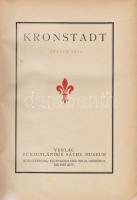 Kronstadt. Erster Teil. (Herausgegeben von Erich Jekelius.) [Unicus, több nem jelent meg.] [Brassó] Kronstadt, (1928). Verlag Burzenländer Sächs[ische] Museum. 271 + [1] p. + 100 t. (négy duplaoldalas). Egyetlen kiadás. Az erdélyi szászok által lakott Barcaságról szóló monográfiasorozat Brassóról szóló első része [a második kötet megjelenéséről nincs tudománsunk.] Kötetünk Brassó helytörténetére, azon belül is városszerkezetének, épített örökségének történetére koncentrál, oldalszámozások közt számos egész oldalas és szövegközti ábrával, alaprajzzal, homlokzati rajzzal gazdagon illusztrálva. A kötet szerkesztője Erich Jekelius geológus és genealógus, a Barcasági Szász Múzeum későbbi igazgatója. Az első nyomtatott oldalon régi ajándékozási bejegyzés, egy levélen kisebb ragasztás. (Das Burzenland. 3. Band.) Aranyozott gerincű. korabeli félvászon kötésben, márványmintás festésű lapszélekkel. Jó példány. Nagyon ritka!