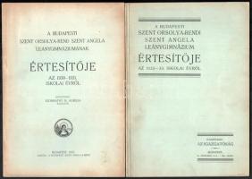 A budapesti Szent Orsolya rendi Szent Angéla Leánygimnáziumának 3 db értesítője: 1930-31, 1932-33, 1933-34. Kiadói papírkötés. Néhány fekete-fehér képpel illusztrált. Kiadói papírkötés, kissé foltos borítókkal.