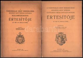 Pannonhalmi Szent Benedek-Rend Budapesti Katolikus Szent Benedek Gimnáziumának 3 db évkönyve: 1925-26, 1926-27, 1927-28. Közzétette: Kemenes Illés. Bp., 1926-28, Intézet Igazgatósága. Kiadói papírkötésben, 1925-26. évi kissé foltos borítóval és egy foltos lappal, máskülönben jó állapotban.