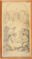 Jakobey Károly (1826-1891): Jézus születése (Szent család). Ceruza, papír, jelezve jobbra lent. Sérült, részben javított. Kissé foltos. Üvegezett fakeretben. 46x25,5 cm