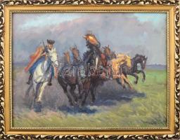 Kolozsváry Kamilló (1936-2008): Lovak csikóssal. Olaj, falemez, jelzett, 29×39 cm. Dekoratív fakeretben.
