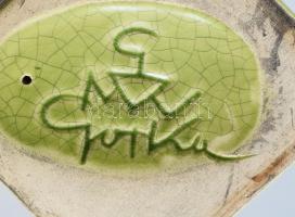 Gorka Géza (1895-1971): Art deco nő madárral. Repesztett, ún. Bidtel mázas kerámia, cca 1932-1935, h...