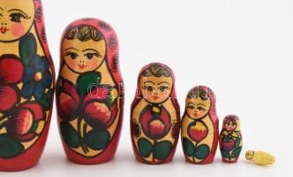 Orosz nagyméretű matrjoska baba szett, festett fa, 10 darabos, kis kopással, m: 30,5 cm alatt