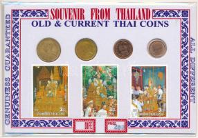 Thaiföld ~1987-2016. 4db-os klf szuvenír érme és 3db-os bélyeg szett kartonlapon T:XF-F Thailand ~1987-2016. 4pcs of diff coins and 3pcs of stamps in souvenir set, on cardboard C:XF-F