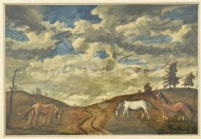 Rudnay Gyula (1878-1957): Lovak. Akvarell, papír, jelezve jobbra lent. Üvegezett fakeretben, 14,5×21 cm / Watercolour on paper, signed. Framed.