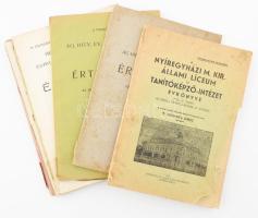 Nyíregyházi iskolák össz. 5 db évkönyve-értesítője: A nyíregyházi ág. hitv. ev. főgimnázium 3 db értesítője: 1903-04, 1905-06 és 1908-09. Nyíregyház, Jóba Elek könyvnyomdája. Bene a ginmázium száz éves története c. tanulmánnyal. Kiadói papírkötésben, mindegyik kötet gerince sérült, 1908-09. évi értesítő gerince sérült, szecessziós sérült borítója levált, könyvtest két részben + A nyíregyházi ág. hitv. ev. leányliceum értesítője 1928-29. iskolai évből. Nyíregyháza, 1929, Jóba Elek könyvnyomdája. Kiadói papírkötésben, sérült gerinccel, foltos borítóval. + A nyíregyházi m. kir. líceum és tanítóképző.intézet évkönyve 1940-41. tanév. Nyíregyháza, 1941, Venkovits könyvnyomdája. Kiadói papírkötésben, sérült gerinccel és borítóval