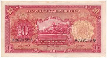 Kína 1935. 10Y "Bank of Communications" "A 869155 G" T:F China 1935. 10 Yuan &qu...
