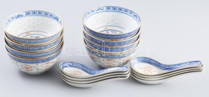 8 darab kínai rizsszemes díszítésű leveses tál kanállal. Jelzett, hibátlan.