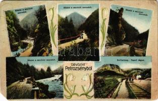 1914 Petrozsény, Petroseni, Petrosani; részlet a szurduki szorosból, Boli barlang, vasúti részlet. Muntyán Tivadar kiadása / multi-view postcard with mountain pass, cave, railway line (EM)