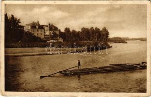 1933 Pöstyén, Piestany; Grand Hotel Royal szálloda a Vág mellett, tutajos / Váh riverside, hotel, rafter (Rb)