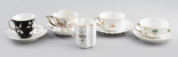 5 darab antik csésze, 4 db alátéttel, közte Meissen, kopással, sérüléssel, klf méretben