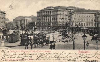 Budapest V. Kálvin tér a Nemzeti Múzeummal, gyógyszertárral és villamosokkal (EK)