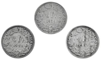 Svájc 1921B 1/2Fr Ag + 1939B 1/2Fr Ag + 1951B 1/2Fr Ag T:XF,VF
Switzerland 1921B 1/2 Franc Ag + 193...