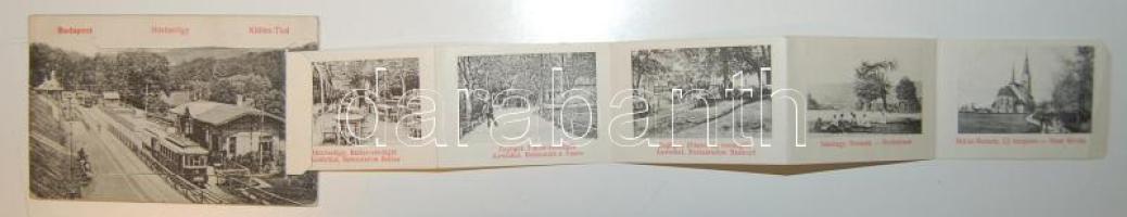 Budapest II. Hűvösvölgy kisvasút-állomással, az Orvvadász Vigadóval, a Balázs, a Fácán, és a Disznófej vendéglőkkel leporellocard (b)