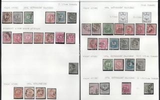 1874 38 db krajcáros bélyeg 2 albumlapon feldolgozva: klf méretek és fogazások / 1874 38 stamps on 2 album pages: size and perforation varieties