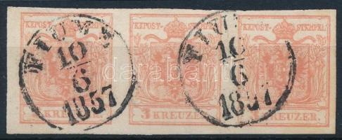 1850 3kr MP III. hármascsík, a 2 jobb oldali között hajtva / 3kr type MP III. stripe of 3, folded between the 2nd and 3rd stamp FIUME / 1857