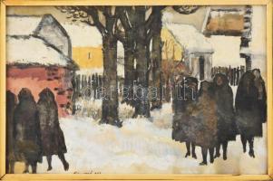 Bencze László (1907-1992): Tél, 1963. Akvarell, papír, jelezve középen lent, hátoldalán Képcsarnok Vállalat címkéivel, üvegezett fakeretben. 28,5×44,5 cm