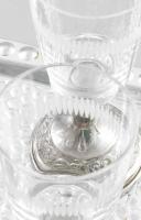 Retro fémtalpas pohár készlet, tálcán, 6 db, kis kopással, m: 12,5 cm