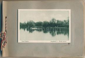 Tata, Tata-Tóváros; - 20 db RÉGI képeslap házikészítésű albumba ragasztva. Angolpark, Vár, Főgimnázium, Kristály-uszoda, római romok, járásbíróság, stb. Turul irodalmi és nyomdai vállalat (Hesz és Végh) kiadása