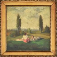 Détári Dettár György (1892-1951): Lányok a réten, 1928. Olaj, karton. Jelezve balra lent. Dekoratív fakeretben. 27x27 cm