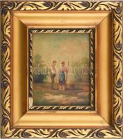 Perlmutter Imre (1870 k.-1935): Páros. Olaj, fa, jelzett, dekoratív fakeretben, 16×12 cm