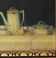 Karcagi jelzéssel: Csendélet. Olaj, rétegelt falemez, dekoratív fakeretben, 20×15 cm