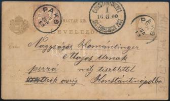 1900 2kr díjjegyes levelezőlap Turul 6f díjkiegészítéssel Konstantinápolyba / 2kr PS-card with 6f additional franking "PAKS" - "CONSTANTINOPEL / OESTERREICHISCHE POST"