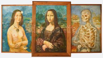 Gulyás Dénes (1927-2003): Mona Lisa elvesztette mosolyát (cím nélkül), 1977. Olaj, farost, jelezve jobbra lent. Fakeretben. 80x175 cm. A festő egyik főműve! KIZÁRÓLAG SZEMÉLYES ÁTVÉTEL, NEM POSTÁZZUK!/ Dénes Gulyás (1927-2003): Mona Lisa lost her smile (untitled), 1977. Oil on wood fibre, signed lower right. Framed. 80x175 cm. ONLY PERSONAL COLLECTION IN OUR OFFICE!