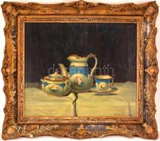 Zemplényi M. Viktor (1894-?): Porcelán mokkás készlet csendélet. Olaj, vászon, Jelzett. Hátoldalán S...