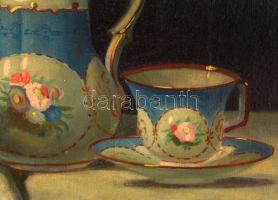Zemplényi M. Viktor (1894-?): Porcelán mokkás készlet csendélet. Olaj, vászon, Jelzett. Hátoldalán S...