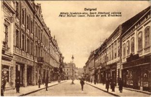 Beograd, Belgrad; Mihály fejedelem utca, szerb Hitelbank palotája, üzletek. Vasúti Levelezőlapárusítás / street, shops, bank palace