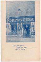 Budapest IV. Újpest, Korpás Géza zsidó kereskedő üzlete &quot;Petőfihez&quot; Árpád út 26/A. Judaika / Hungarian Jewish shop advertisement. Judaica