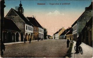1917 Vinkovce, Vinkovci; Duga utca, Posta, gyógyszertár. Vasúti levelezőlapárusítás 8829. / street view, post office, pharmacy + "K.u.k. Militärzensur Osijek 13." (EK)