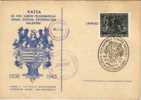 1938-1943 Kassa, Kosice; Kassa sz. kir. város felszabadulásának ötödik évfordulója emlékére. Kiadja a Cassovia Bélyeggyűjtők Egyesülete. Légrády Sándor aláírása / Memorial postcard for the 5th anniversary of the entry of the Hungarian troops + So. Stpl