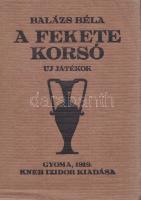 Balázs Béla A fekete korsó. Új játékok. [Egyfelvonásosok.] Gyoma, 1919. Kner Izidor (ny.) 95 + [5] p. Első kiadás. Tartalma: A fekete korsó. Árnyjáték egyiptomi szilhuetekre. - A királynő komornája. Opera egy felvonásban. - Napsugár és kígyó. Néma táncjáték. - A könnyű ember. Bolondos bábjáték eredeti városligeti módra. Lévay-Haiman 1.287. Tezla 438. Fűzve, Kner Imre rajzával illusztrált kiadói papírborítóban, a gerincen felül apró hiánnyal. A kötés Kner Albert terve, jó példány.