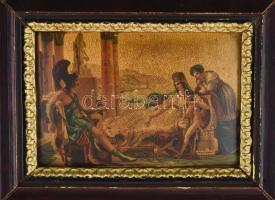 Antik, dekoratív fakeret, cca 1900, antik nyomattal, látható méret: 9×13 cm