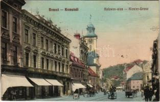 1913 Brassó, Kronstadt, Brasov; Kolostor utca, Albert Spitz és testvére üzlete / Kloster-Gasse / street view, shops