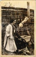 1938 Pietris, Romanian folklore, spinning woman. photo (surface damage)