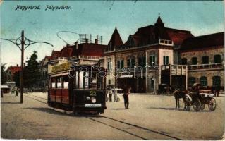 1920 Nagyvárad, Oradea; pályaudvar, vasútállomás, villamos / railway station, tram (EK)