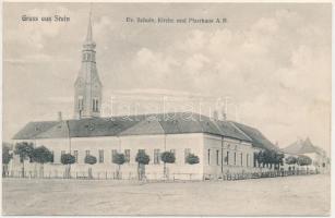 1926 Garat, Stein, Stena, Dacia (Brassó); Ev. Schule, Kirche und Pfarrhaus A.B. / Evangélikus templom, iskola és plébánia. Josef Briegel / Lutheran church, school and parish