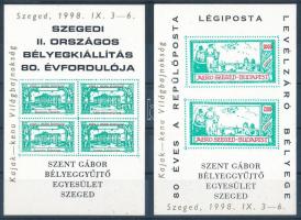 1998 Szegedi II. Országos Bélyegkiállítás 80. évfordulója + felülnyomott változata 2 karton elmlékív / souvenir sheet + overprinted souvenir sheet