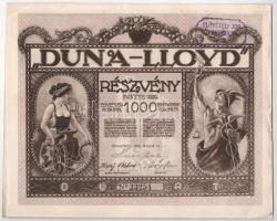 Budapest 1922. "Duna-Lloyd" részvény 1000K-ról bélyegzéssel, szelvényekkel T:VF / Hungary / Budapest 1922. "Duna-Lloyd" share about 1000 Korona with overprint and coupons C:VF