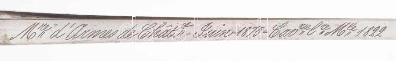 Francia M1822 lovassági szablya. Acél pengével, bőrborítású markolattal, három mellékkengyeles réz k...
