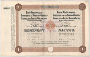 Miskolc 1936. &quot;Első Békéscsabai Rosenthal és Borsod-Miskolc-Debreceni István Gőzmalmok Részvénytársaság&quot; részvénye 50P-ről, német és magyar nyelven, szelvényekkel, bélyegzéssel T:F / Hungary / Miskolc 1936. &quot;First Rosenthal and Borsod-Miskolc-Debrecen &#039;István&#039; Steam Mills Share Company&quot; share about 50 Pengő, in German and Hungarian, with embossed stamp and coupons C:F