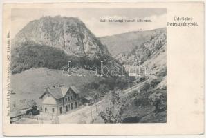 1907 Petrozsény, Petrosani; Boli barlang vasútállomás. Herz Arnold kiadása / railway station near Pestera Bolii (gyűrődés / crease)