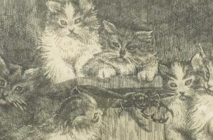 Olvashatatlan jelzéssel: Macskák és rákok. Rézkarc, jelzett, üvegezett keretben 18x24 cm