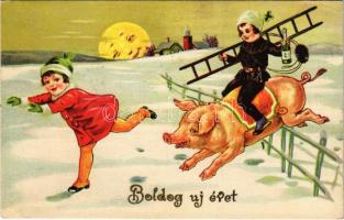 1935 Boldog új évet! Malacon lovagló kéményseprő / New Year greeting, chimney sweeper riding on a pig